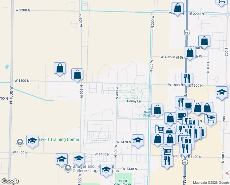 map of restaurants, bars, coffee shops, grocery stores, and more near 102 North 425 West in Logan
