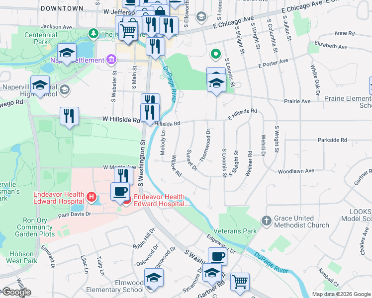 map of restaurants, bars, coffee shops, grocery stores, and more near 644 Willow Road in Naperville