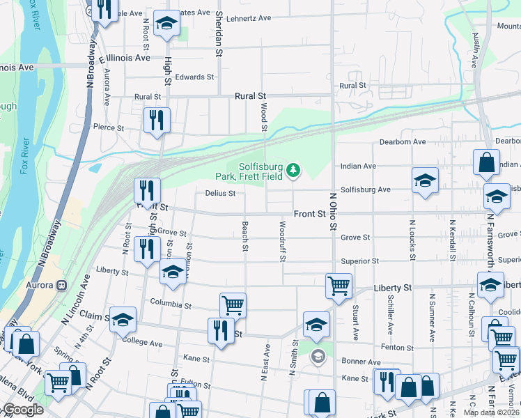 map of restaurants, bars, coffee shops, grocery stores, and more near 460 Wood Street in Aurora