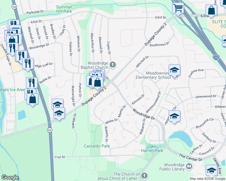 map of restaurants, bars, coffee shops, grocery stores, and more near 2928 Roberts Drive in Woodridge