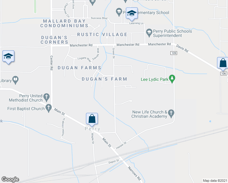map of restaurants, bars, coffee shops, grocery stores, and more near 3980 Green Street in Perry