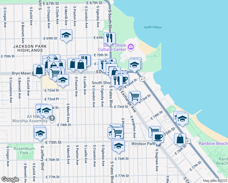 map of restaurants, bars, coffee shops, grocery stores, and more near 7205 South Yates Boulevard in Chicago