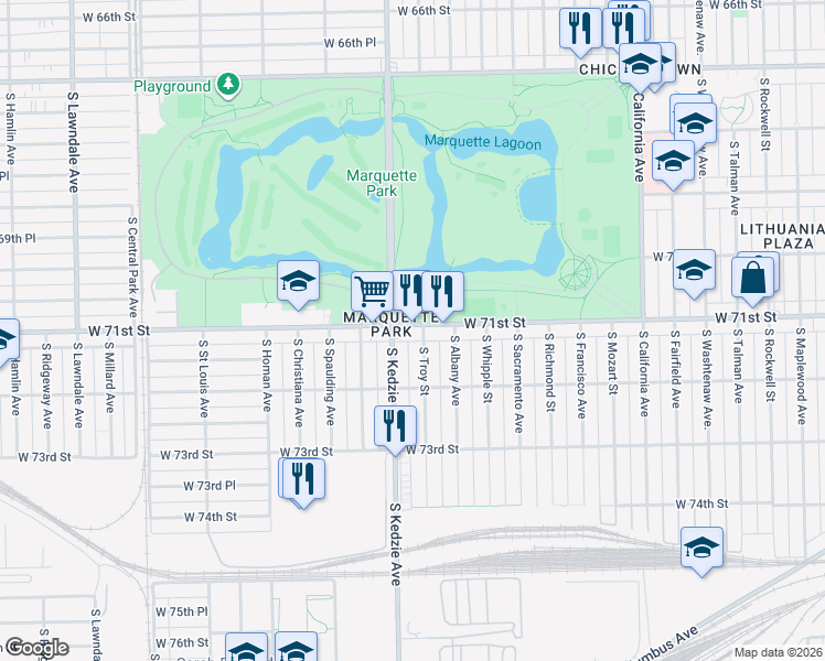 map of restaurants, bars, coffee shops, grocery stores, and more near 3141 West 71st Street in Chicago