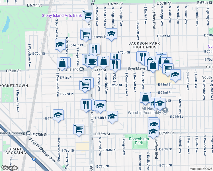 map of restaurants, bars, coffee shops, grocery stores, and more near East 72nd Street & South East End Avenue in Chicago