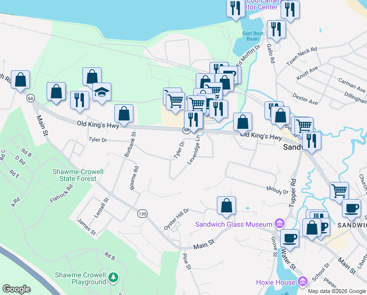 map of restaurants, bars, coffee shops, grocery stores, and more near 46 Tyler Drive in Sandwich