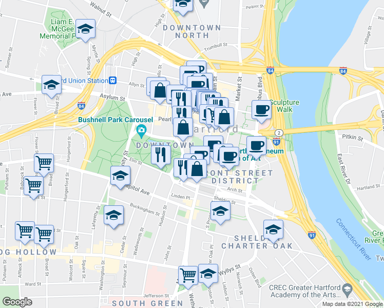 map of restaurants, bars, coffee shops, grocery stores, and more near 59 Gold Street in Hartford