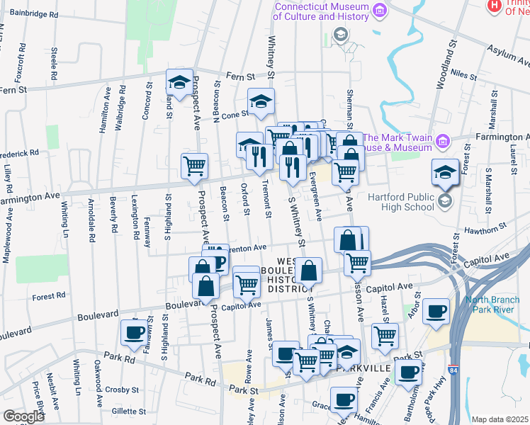 map of restaurants, bars, coffee shops, grocery stores, and more near 55 Tremont Street in Hartford