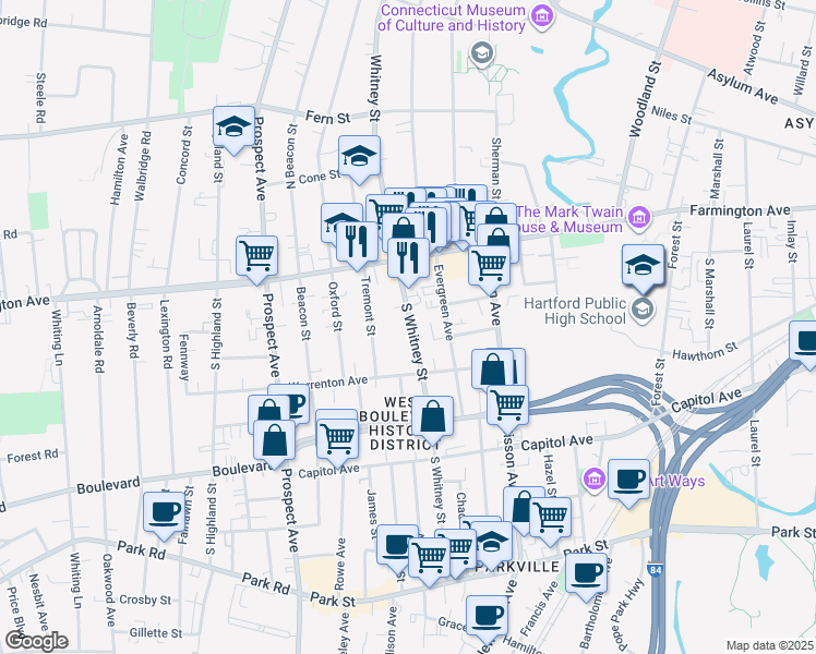 map of restaurants, bars, coffee shops, grocery stores, and more near 229 South Whitney Street in Hartford