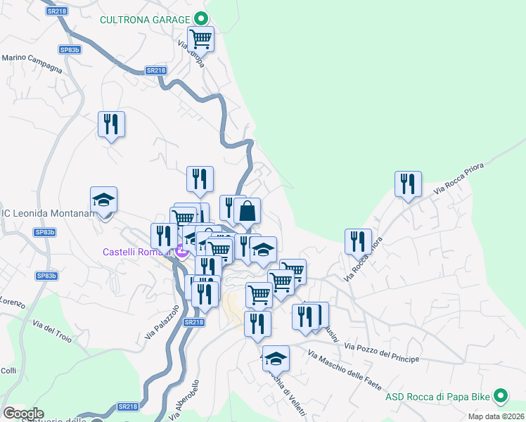 map of restaurants, bars, coffee shops, grocery stores, and more near 28 Via San Sebastiano in Rocca di Papa