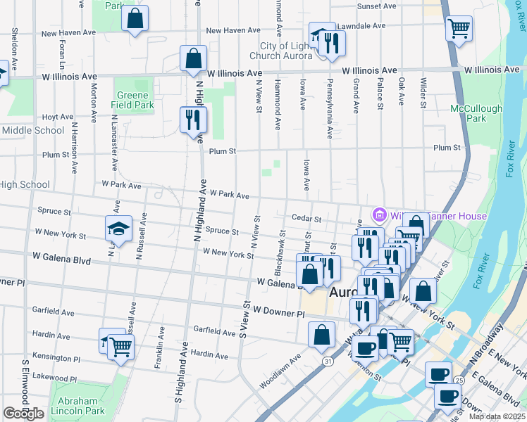 map of restaurants, bars, coffee shops, grocery stores, and more near 310 North View Street in Aurora