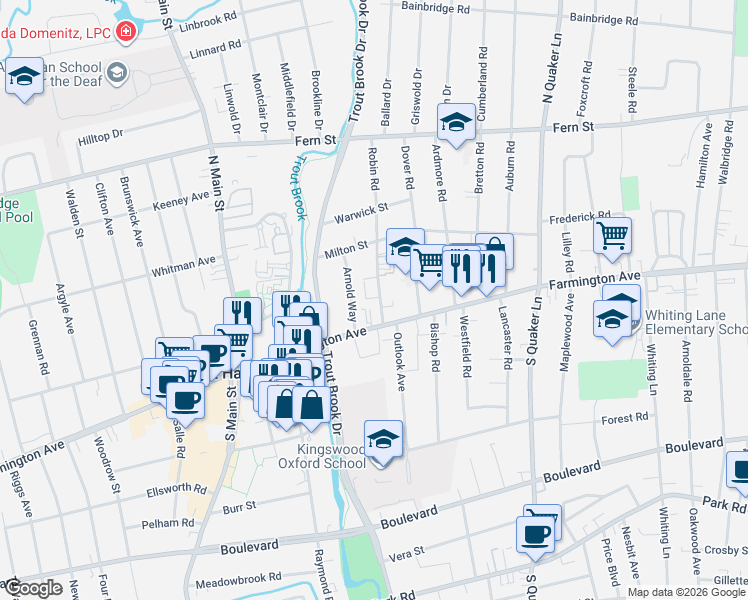 map of restaurants, bars, coffee shops, grocery stores, and more near 29 Robin Road in West Hartford