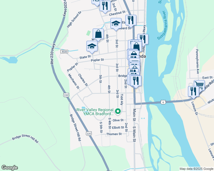 map of restaurants, bars, coffee shops, grocery stores, and more near 512 4th Street in Towanda