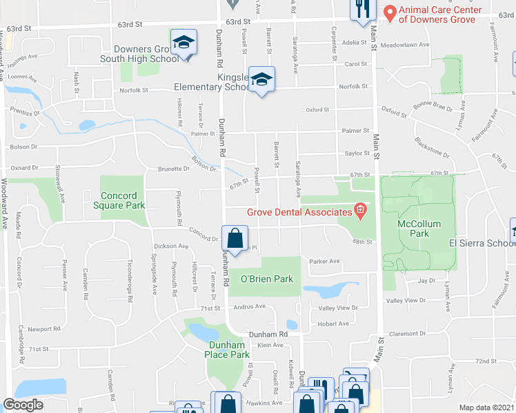 map of restaurants, bars, coffee shops, grocery stores, and more near 67th Place in Downers Grove