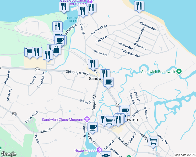 map of restaurants, bars, coffee shops, grocery stores, and more near in Sandwich