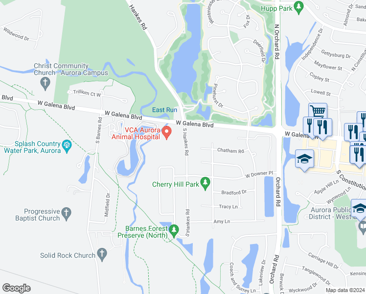 map of restaurants, bars, coffee shops, grocery stores, and more near 7 South Hankes Road in Aurora