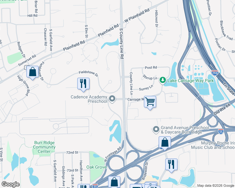map of restaurants, bars, coffee shops, grocery stores, and more near 6980 South County Line Road in Burr Ridge