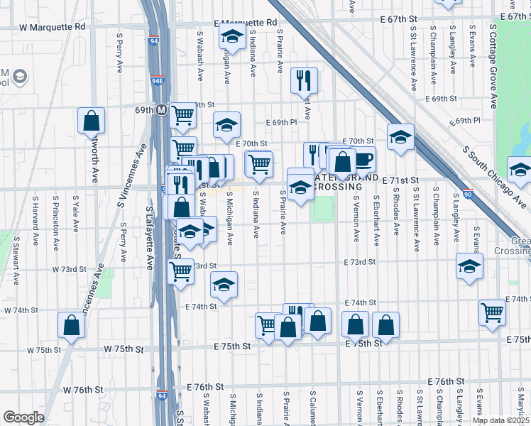 map of restaurants, bars, coffee shops, grocery stores, and more near 7145 South Indiana Avenue in Chicago