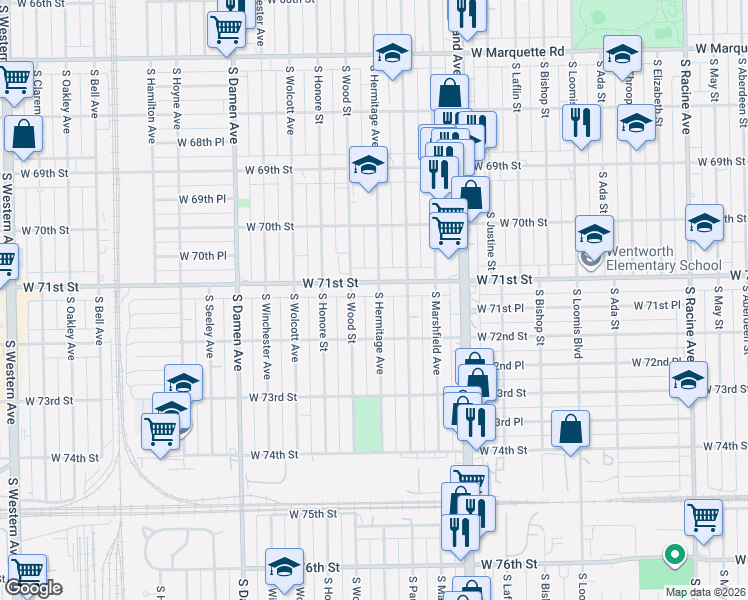 map of restaurants, bars, coffee shops, grocery stores, and more near 7116 South Hermitage Avenue in Chicago