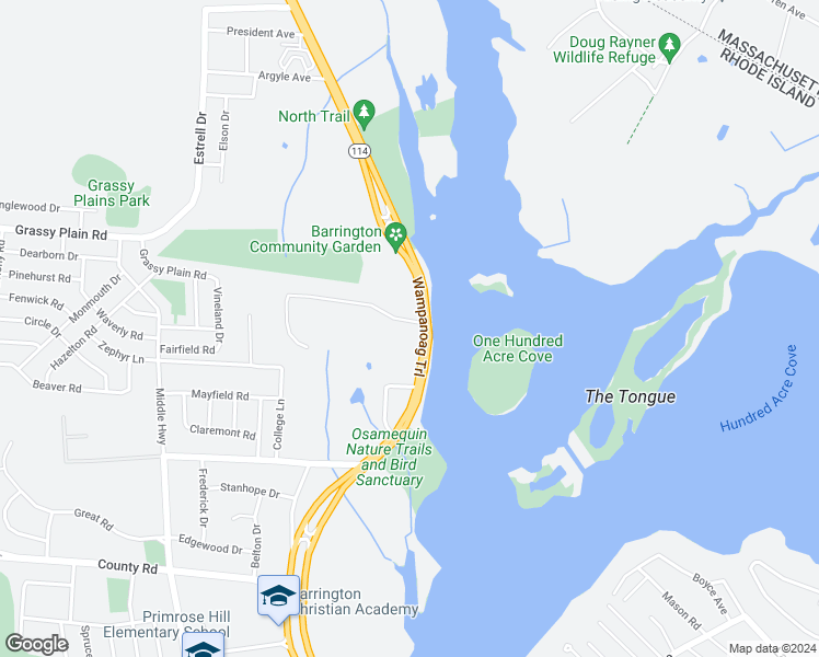 map of restaurants, bars, coffee shops, grocery stores, and more near 14 Pinetop Road in Barrington