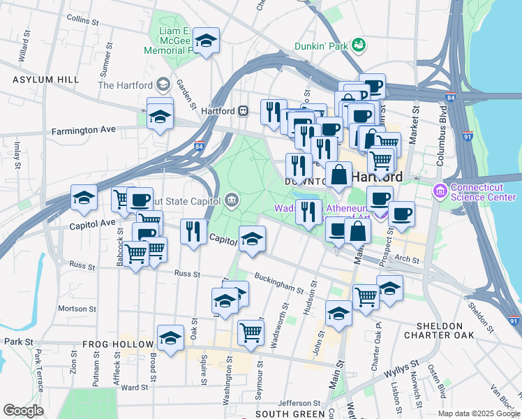 map of restaurants, bars, coffee shops, grocery stores, and more near Trinity Street in Hartford