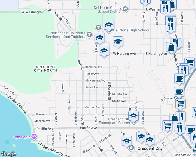 map of restaurants, bars, coffee shops, grocery stores, and more near 877 Fresno Street in Crescent City