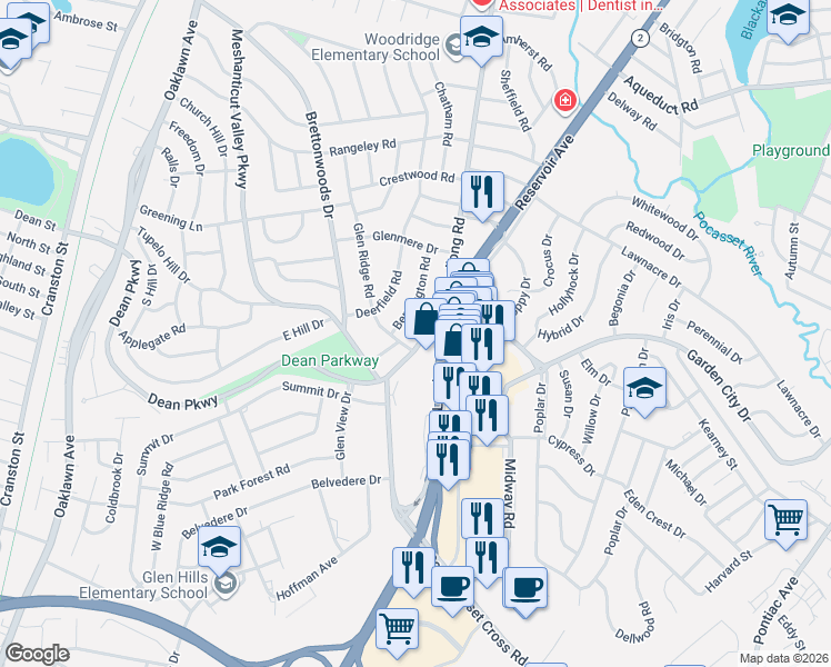 map of restaurants, bars, coffee shops, grocery stores, and more near 25 Dean Parkway in Cranston