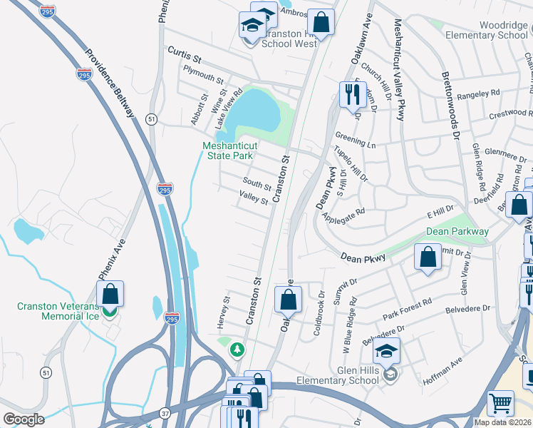 map of restaurants, bars, coffee shops, grocery stores, and more near 2289 Cranston Street in Cranston