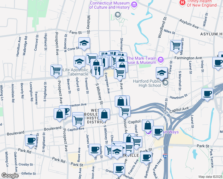 map of restaurants, bars, coffee shops, grocery stores, and more near 22 Gray Street in Hartford