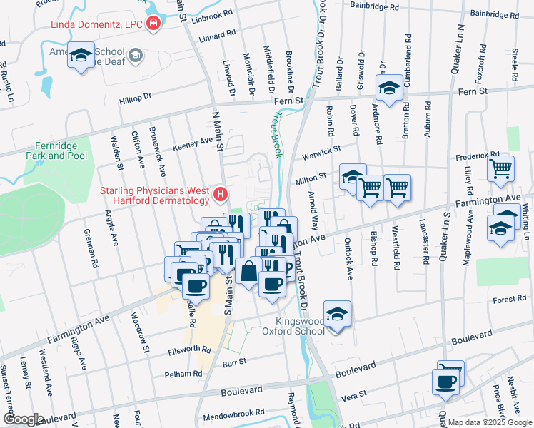 map of restaurants, bars, coffee shops, grocery stores, and more near 133 Loomis Drive in West Hartford