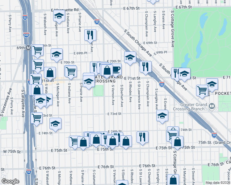 map of restaurants, bars, coffee shops, grocery stores, and more near 7141 South Vernon Avenue in Chicago