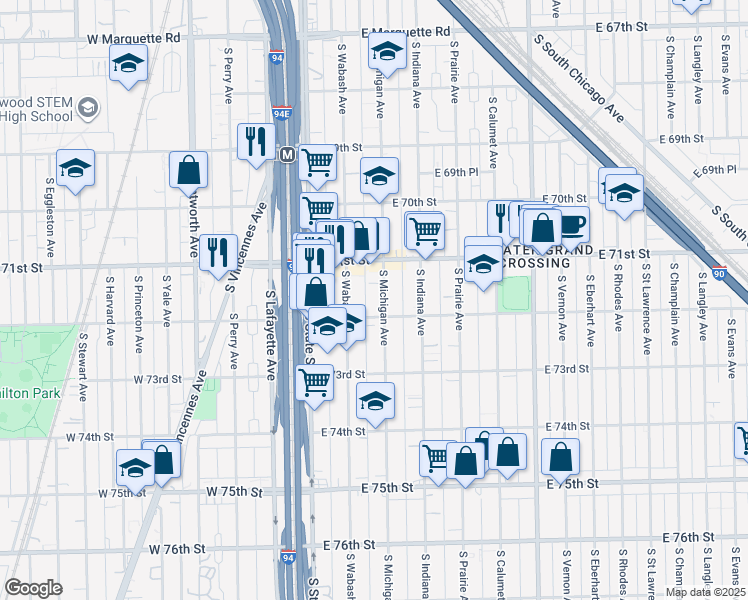map of restaurants, bars, coffee shops, grocery stores, and more near 7134 South Michigan Avenue in Chicago