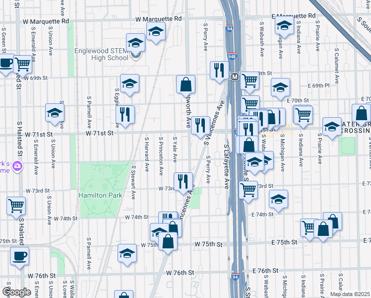 map of restaurants, bars, coffee shops, grocery stores, and more near 7128 South Wentworth Avenue in Chicago