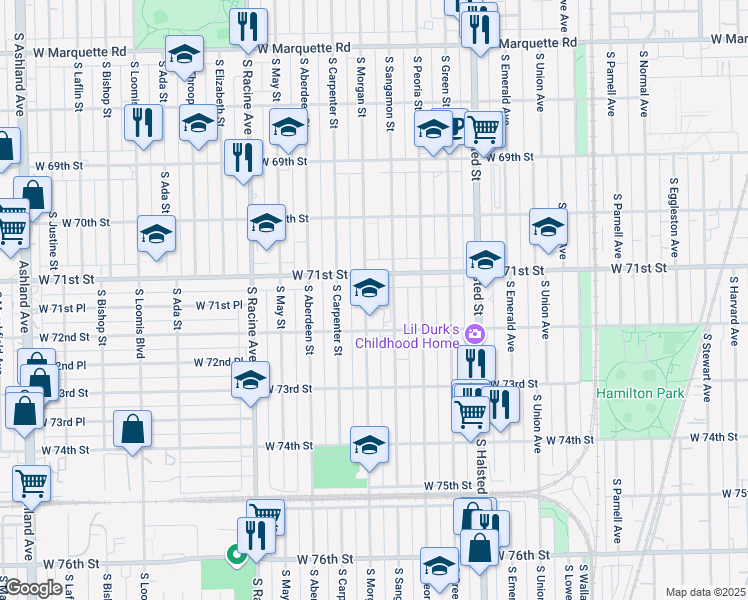 map of restaurants, bars, coffee shops, grocery stores, and more near 7116 South Morgan Street in Chicago