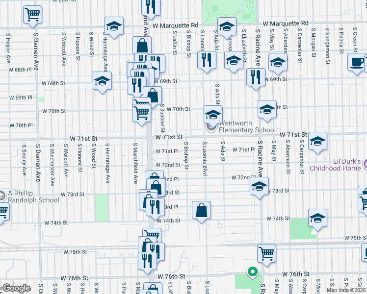 map of restaurants, bars, coffee shops, grocery stores, and more near 1501 West 71st Street in Chicago