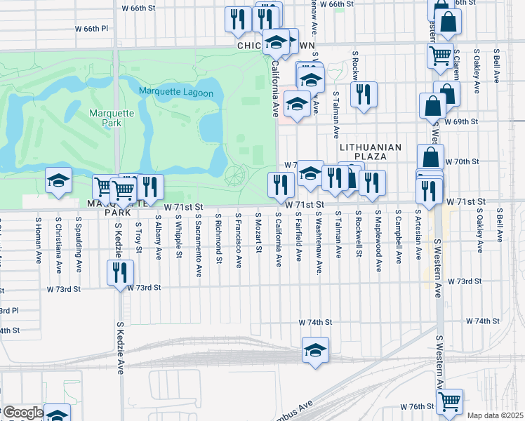 map of restaurants, bars, coffee shops, grocery stores, and more near 7100 South Mozart Street in Chicago