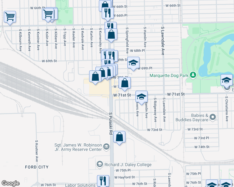 map of restaurants, bars, coffee shops, grocery stores, and more near 3940 West 71st Street in Chicago