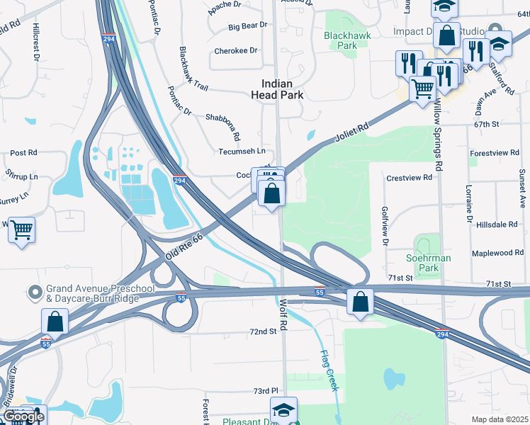 map of restaurants, bars, coffee shops, grocery stores, and more near 6930 Wolf Road in Indian Head Park