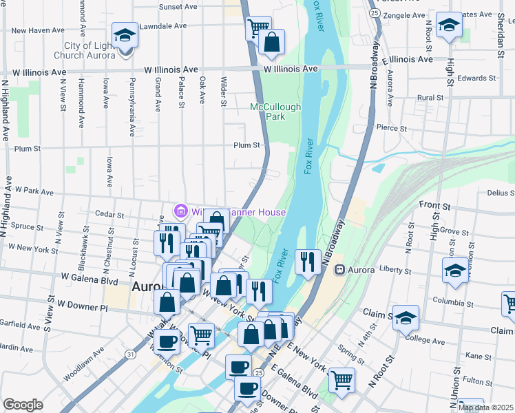 map of restaurants, bars, coffee shops, grocery stores, and more near 412 North Lake Street in Aurora