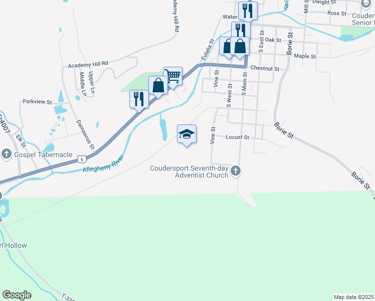 map of restaurants, bars, coffee shops, grocery stores, and more near 802 Vine Street in Coudersport