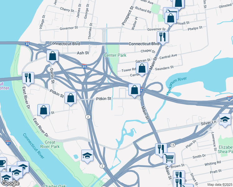 map of restaurants, bars, coffee shops, grocery stores, and more near 9 May Street in East Hartford