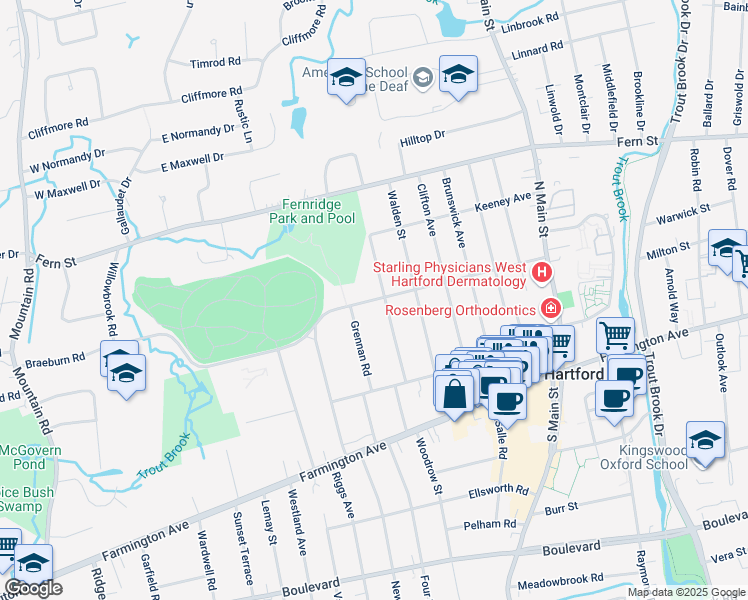 map of restaurants, bars, coffee shops, grocery stores, and more near 166 Whitman Avenue in West Hartford