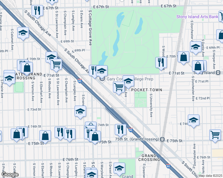 map of restaurants, bars, coffee shops, grocery stores, and more near 7227 South South Chicago Avenue in Chicago