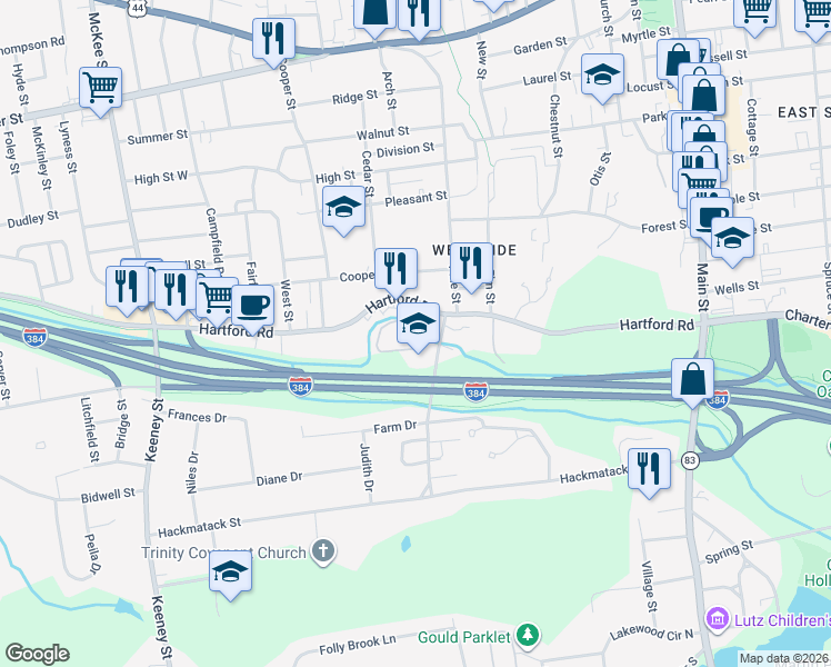 map of restaurants, bars, coffee shops, grocery stores, and more near 18 Prospect Street in Manchester