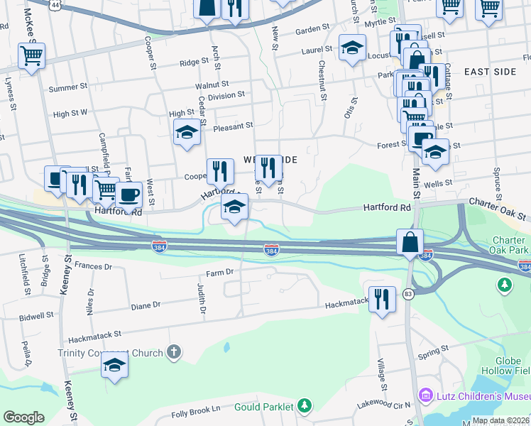 map of restaurants, bars, coffee shops, grocery stores, and more near 194 Hartford Road in Manchester