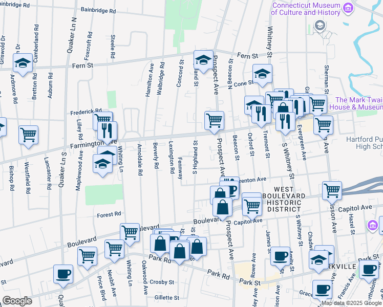 map of restaurants, bars, coffee shops, grocery stores, and more near 25 South Highland Street in West Hartford