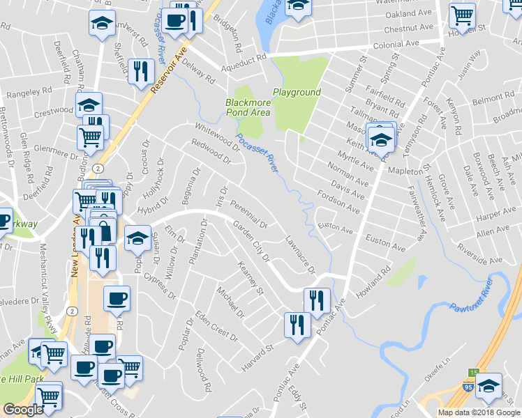 map of restaurants, bars, coffee shops, grocery stores, and more near 209 Lawnacre Drive in Cranston