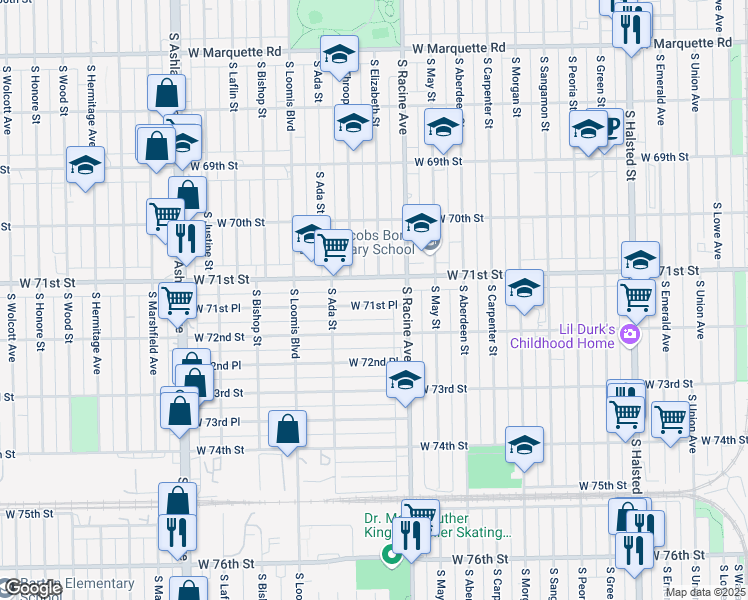 map of restaurants, bars, coffee shops, grocery stores, and more near 1234 West 71st Place in Chicago