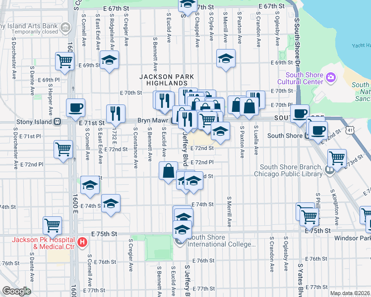 map of restaurants, bars, coffee shops, grocery stores, and more near S Jeffery Blvd & E 72nd St in Chicago