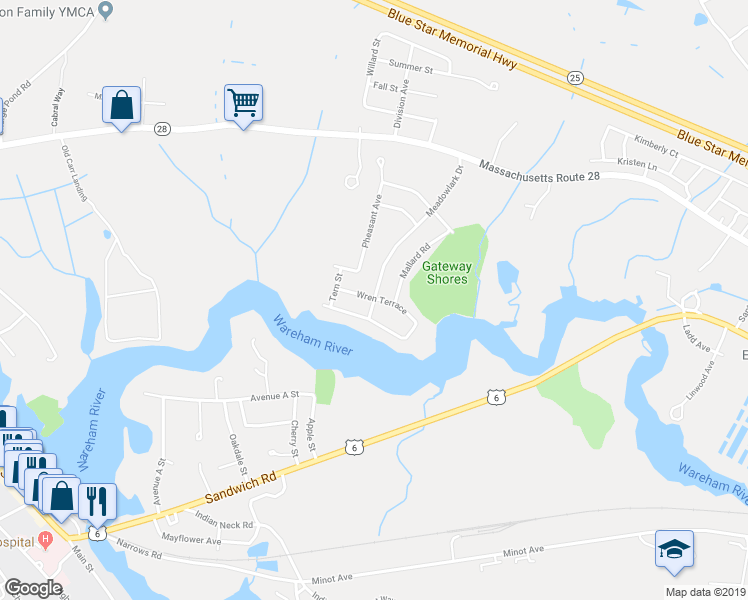 map of restaurants, bars, coffee shops, grocery stores, and more near 38 Meadowlark Drive in Wareham
