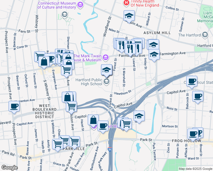 map of restaurants, bars, coffee shops, grocery stores, and more near 55 Forest Street in Hartford